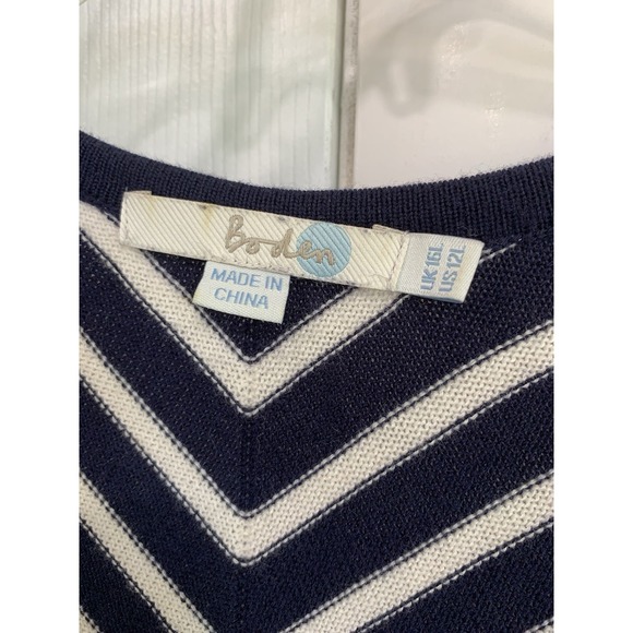 Boden Knit dress women 16L Navy Blue striped Amelie V-Neck Half Sleeve Fit Flare - Picture 4 of 14